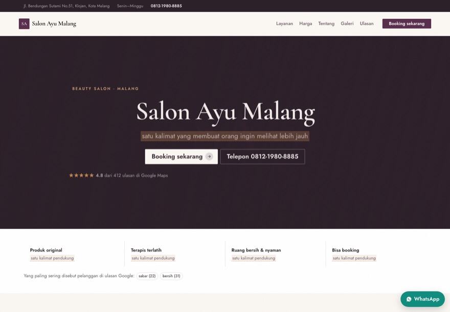 Page design for a salon or spa