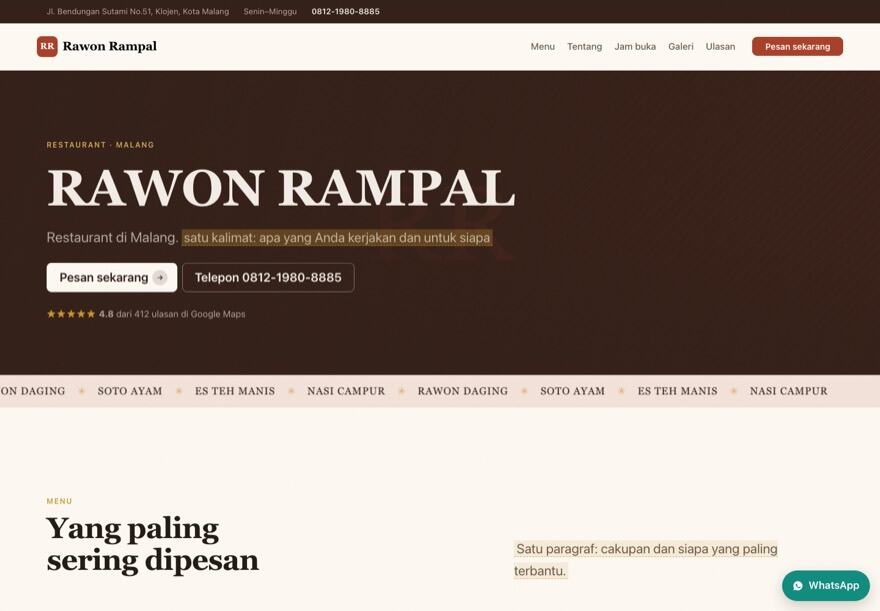 Page design for a restaurant