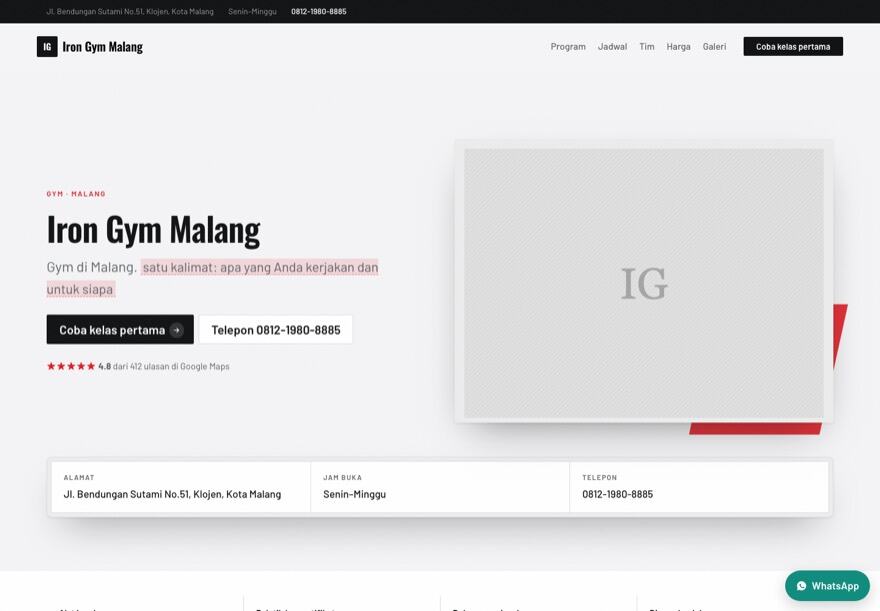 Page design for a gym or studio