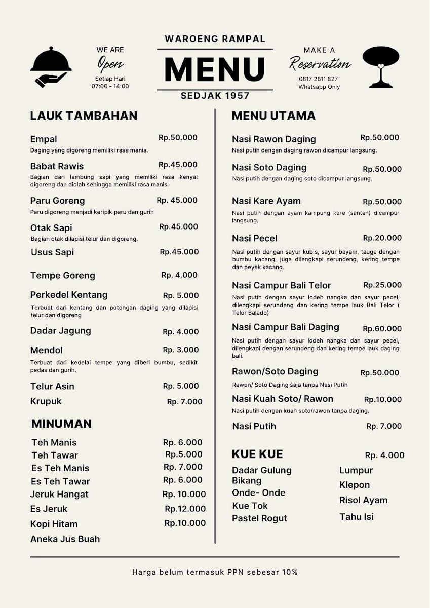 Papan menu cetak Waroeng Rampal berlatar krem, memuat menu utama, lauk tambahan, minuman, dan kue kue beserta harga masing-masing.